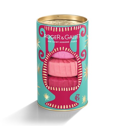 Roger & Gallet perfumed bath and body bar soap gift set.  Packaging is red and teal with bright artisanal details against  a white background. 