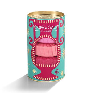 Roger & Gallet perfumed bath and body bar soap gift set.  Packaging is red and teal with bright artisanal details against  a white background. 
