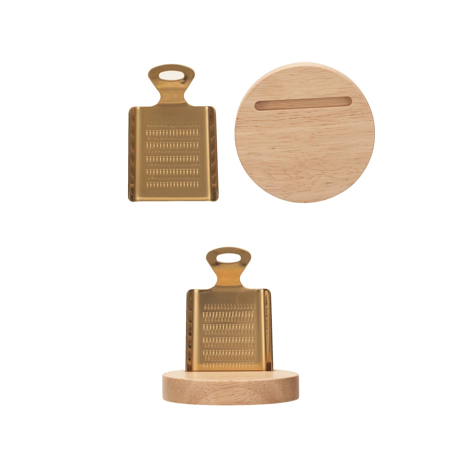 Gold Stainless steel grater with rubberwood base. Perfect for charcuterie board cheeses, lemons, and garlic. Elevated kitchen utensils. 