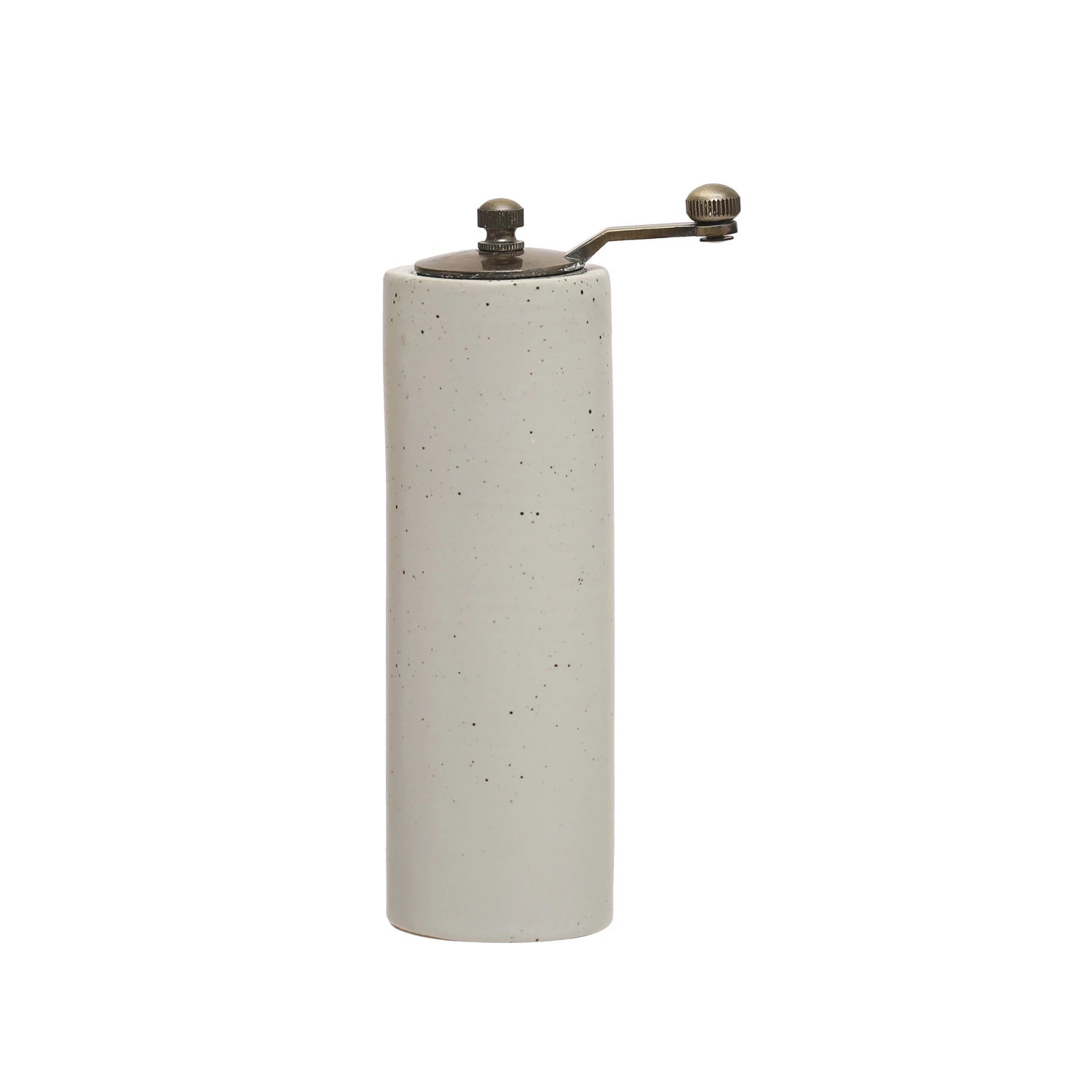 Cylindrical white stoneware pepper or salt grinder with speckled design against white background.