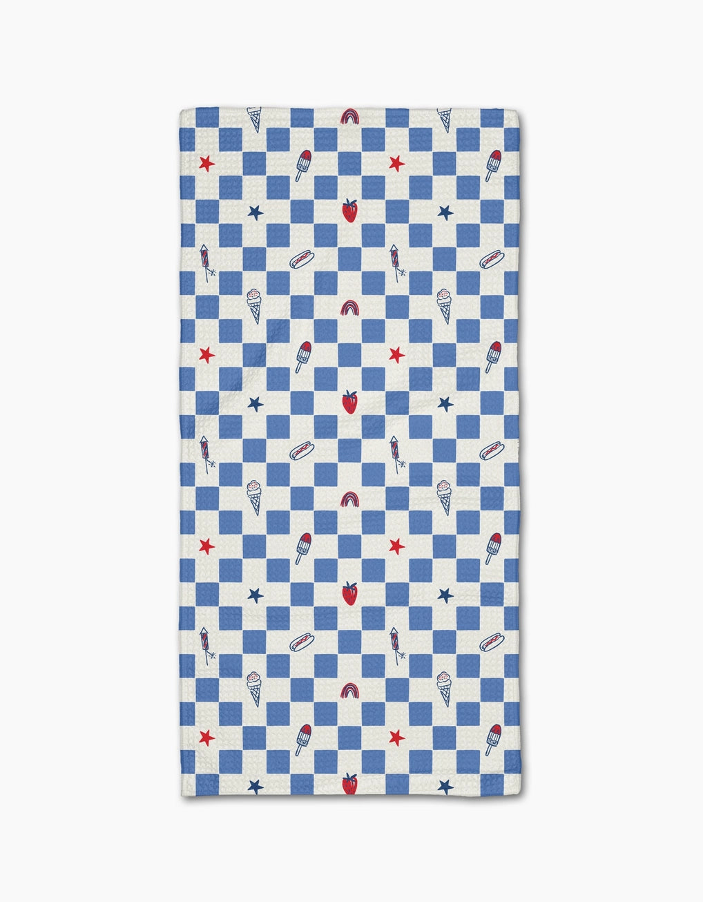 Light blue and white checkered bar towel with Summer snack themed prints. Geometry House. 