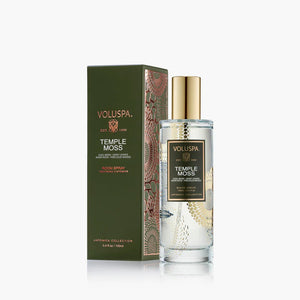 Voluspa Temple Moss room spray with packaging on a white background. 