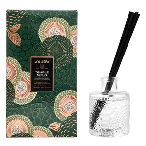 Voluspa Temple Moss diffuser set with packaging on a white background