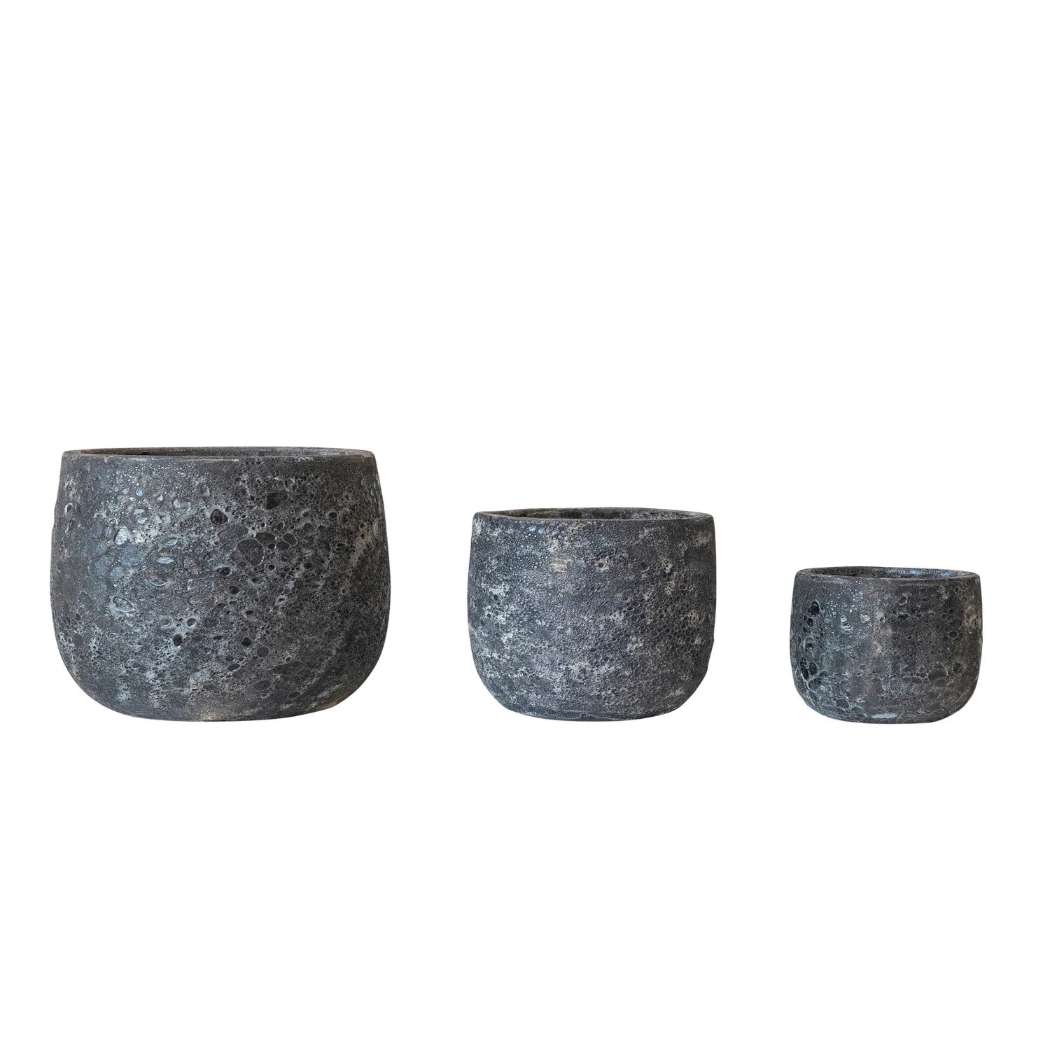 Distressed and coarse textured grey volcanic terracotta planters in varying sizes. Fits 6, 8, & 11 inch pots. 