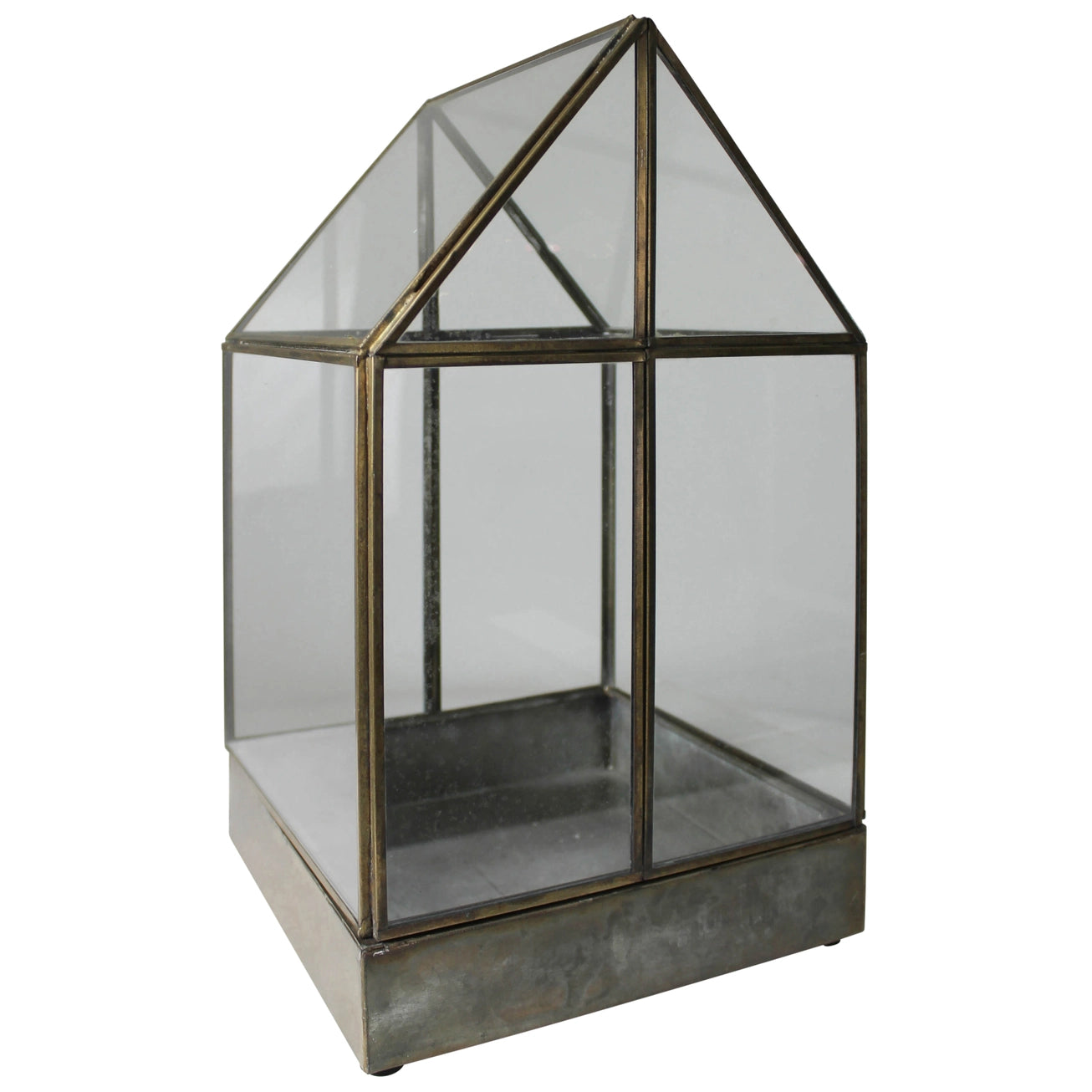 Glass terrarium with metal removable base on a white background. 