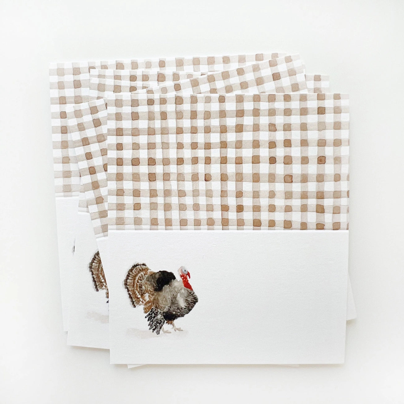 Pack of place cards with a turkey illustration and gingham pattern on a white background. Emily Lex Studios. 