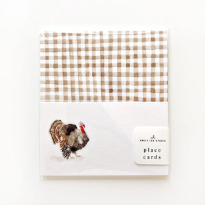 Pack of place cards with a turkey illustration and gingham pattern on a white background. Emily Lex Studios. 