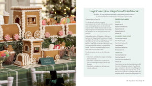A printed recipe-style page titled 'Large Centerpiece Gingerbread Train Tutorial' shown beside a decorated gingerbread train scene. The page contains step-by-step instructions and a list of pieces needed, while the left side shows a festive holiday gingerbread setup with a large gingerbread train, candy canes, ornaments, and a small sign reading 'Pistachio'.