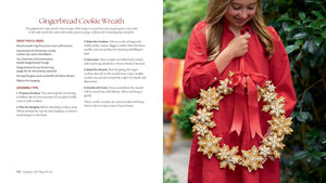 A split-page craft guide showing the 'Gingerbread Cookie Wreath' recipe and assembly tips on the left, and a woman wearing a red coat holding a completed gold and white gingerbread cookie wreath on the right.
