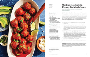 Mexican meatballs in creamy enchilada sauce on a plate with a recipe card on the side. "The High Protein Plate."