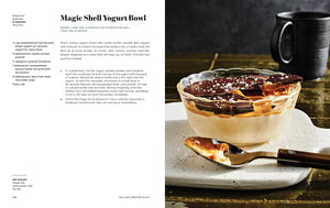 Magic Shell Yogurt Bowl with chocolate on a wooden table. "The High Protein Plate" by Rachael DeVaux. 