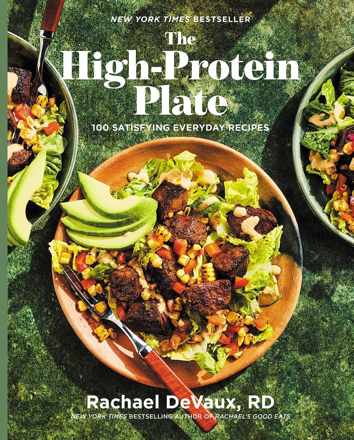 Book cover of 'The High-Protein Plate' with a protein-rich salad on a green background. Rachel DeVaux