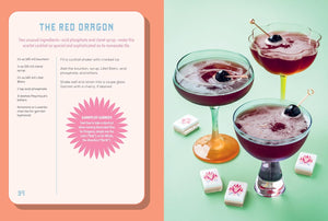 A cocktail recipe card titled 'THE RED DRAGON' displayed beside three stemmed coupe glasses filled with a deep pinkish-red drink, garnished with blackberries, on a mint green background with small floral sugar cubes.