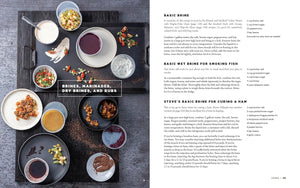 A printed recipe spread with a large food photography panel on the left and recipe text panels on the right, titled 'Brine, Marinades, Day Rinses, and Rubs.' The left side shows several bowls of mixed vegetables and sauces arranged on a dark surface, with the right side containing recipe text under headings including 'Basic Brine,' 'Basic Wet Brine for Smoked Fish,' and 'Steve's Basic Brine for Curing a Ham.
