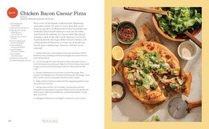 A recipe spread page from The Secret Recipe cookbook featuring the 'Chicken Bacon Caesar Pizza' recipe on the left with text and ingredients, and a photo of the prepared pizza on a wooden board on the right with garnishes and a pizza cutter.