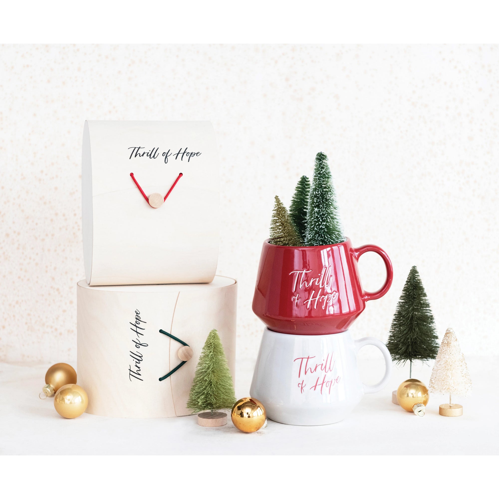 18 oz stoneware red and white holiday mug wrapped in a pinewood giftbox