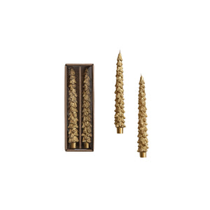 Set of gold tree shaped taper candles. 
