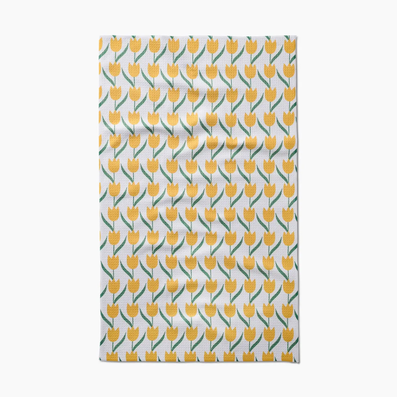 Towel with yellow tulip pattern on a white background. Geometry House