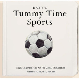 Book titled 'Baby's Tummy Time Sports' with a soccer ball illustration on a white background.