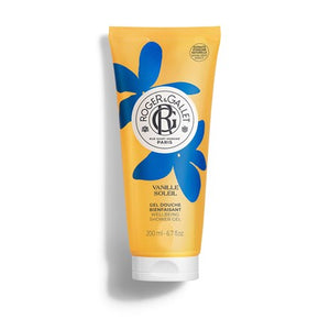 Tube of Roger & Gallet Vanille Soleil shower gel on a white background.