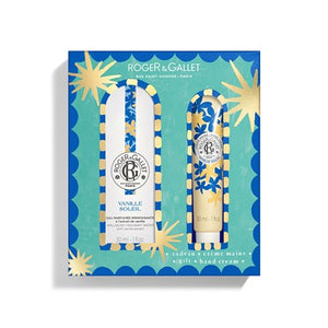 Roger & Gallet Vanille Soleil hand and body care gift set in a blue and teal patterned box, containing a body and room spray and a hand cream.