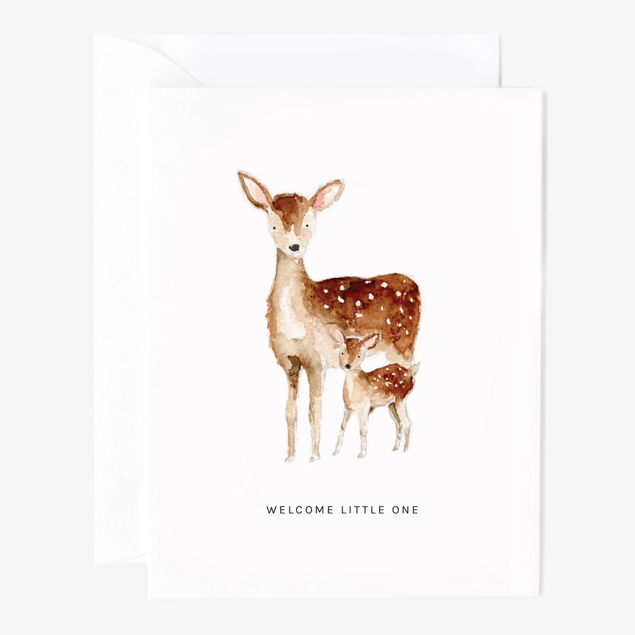 Watercolor illustration of two deer with the text 'Welcome Little One' on a white background. Greeting card. Emily Lex Studios. 