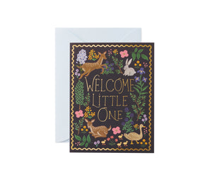 Greeting card with forest animals and 'Welcome Little One' text on a white background