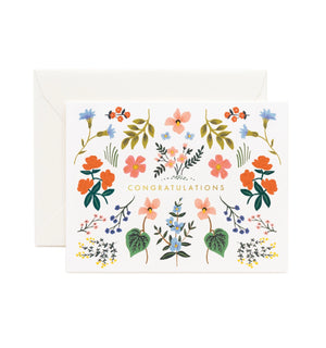 Greeting card with woodland floral design and 'Congratulations' text on a white background. 