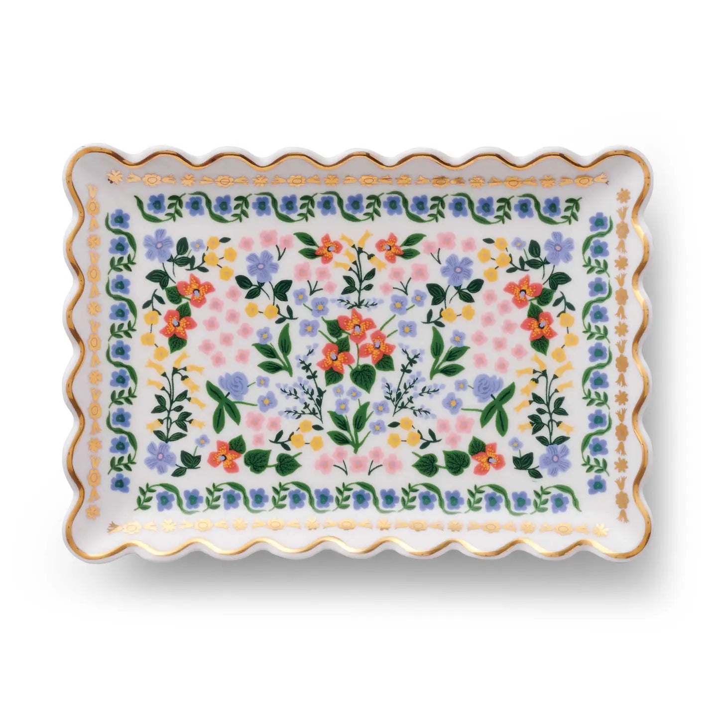 Decorative rectangular scalloped edge decorative tray with wildwood floral pattern on a white background. 