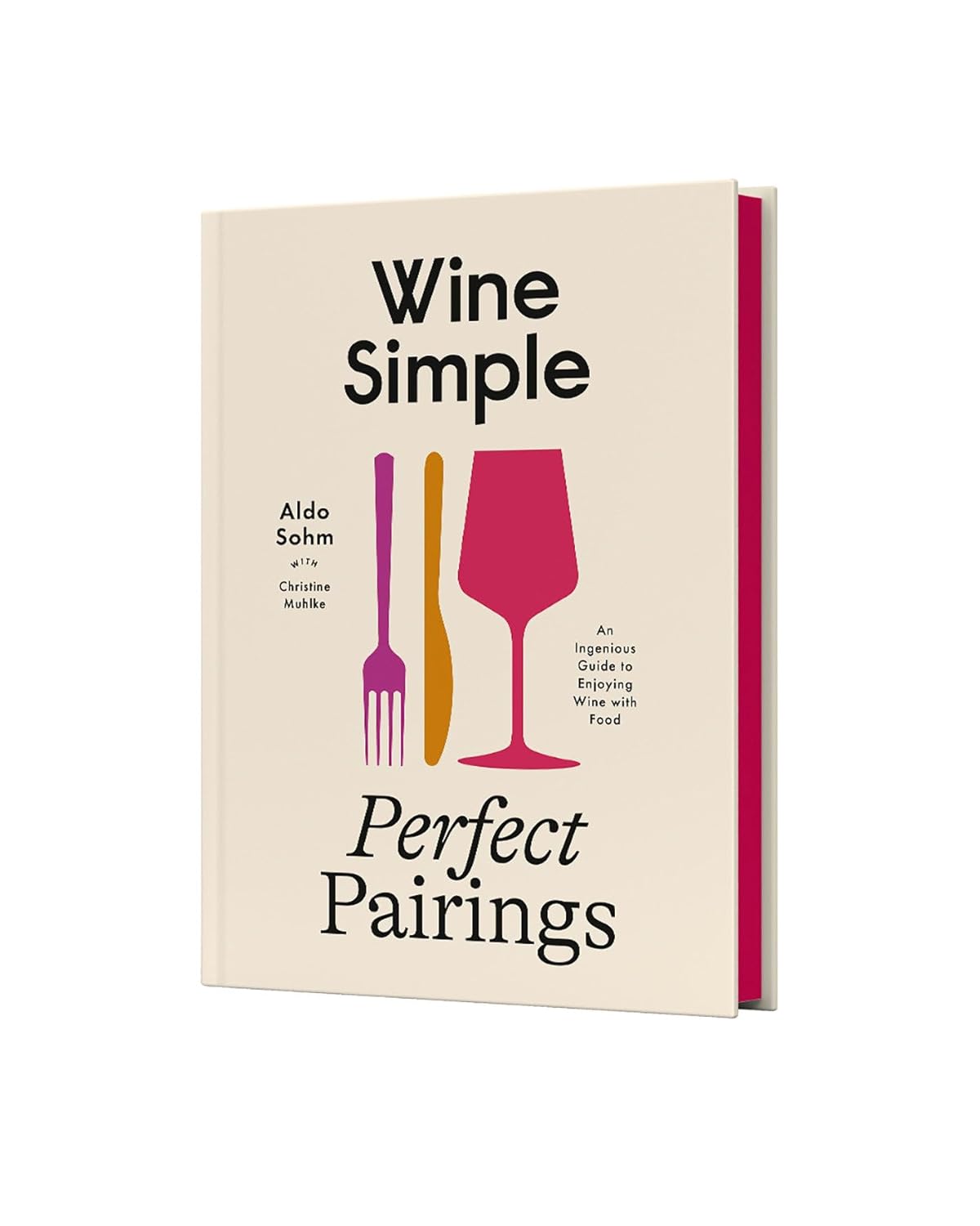 Book titled 'Wine Simple: Perfect Pairings' with a fork, knife, and wine glass illustration on a beige background.