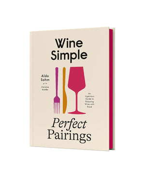 Book titled 'Wine Simple: Perfect Pairings' with a fork, knife, and wine glass illustration on a beige background.
