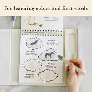 Educational book with black and white illustrations of animals and their sounds, held open by a hand with a pen. Wishy Washy by Tabitha Paige. 
