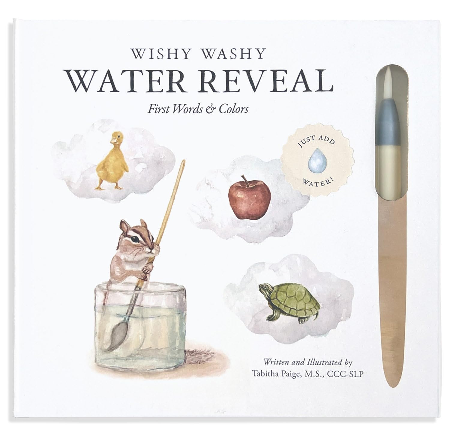 Book titled 'Wishy Washy Water Reveal' with illustrations of a duck, chipmunk, apple, and turtle on a white background. Tabitha Paige