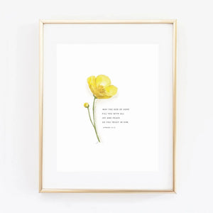 Yellow buttercup watercolor printed artwork with scripture. Emily Lex. 