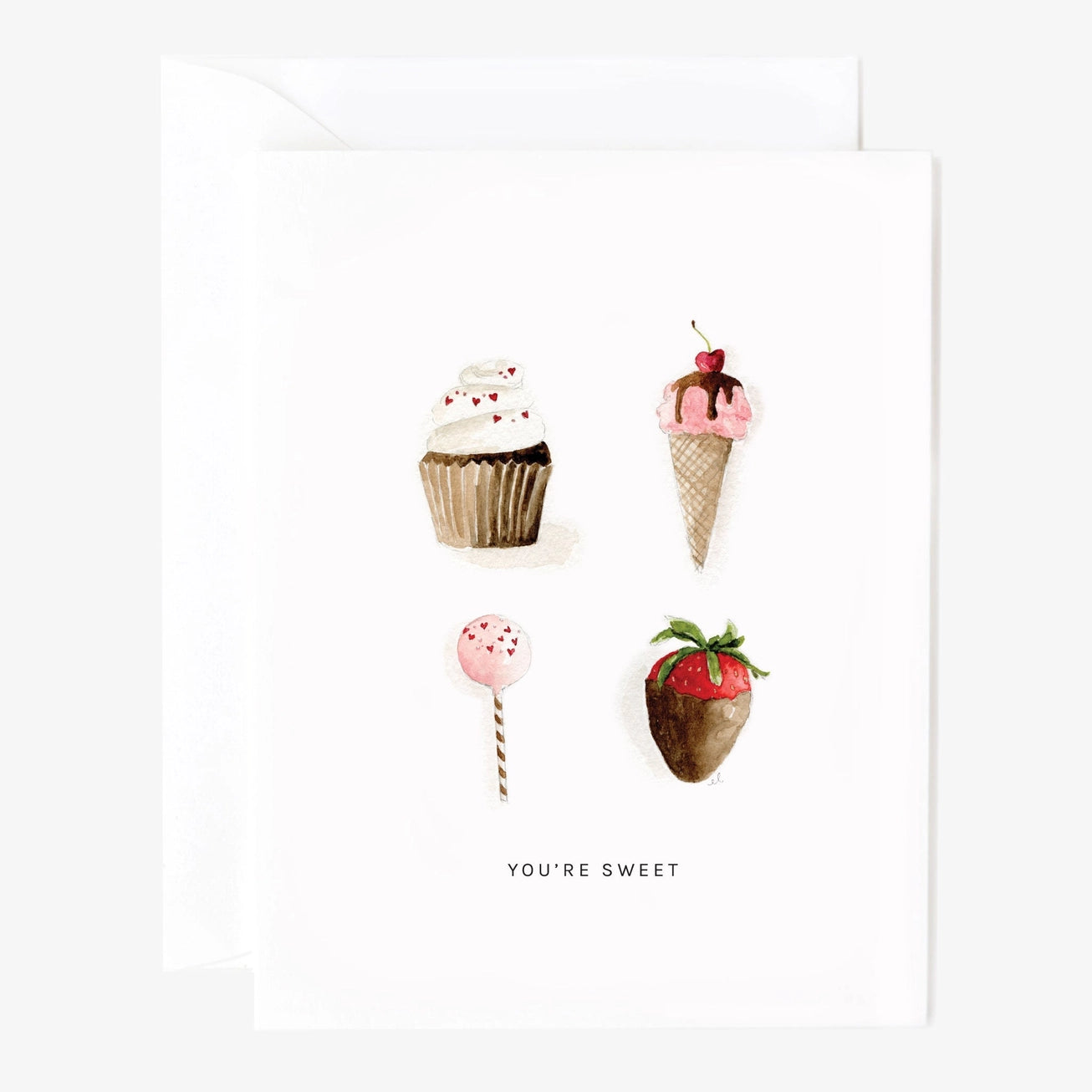 Watercolor illustrations of a cupcake, ice cream cone, lollipop, and strawberry with 'YOU'RE SWEET' text on a white background. Emily Lex Studios. 