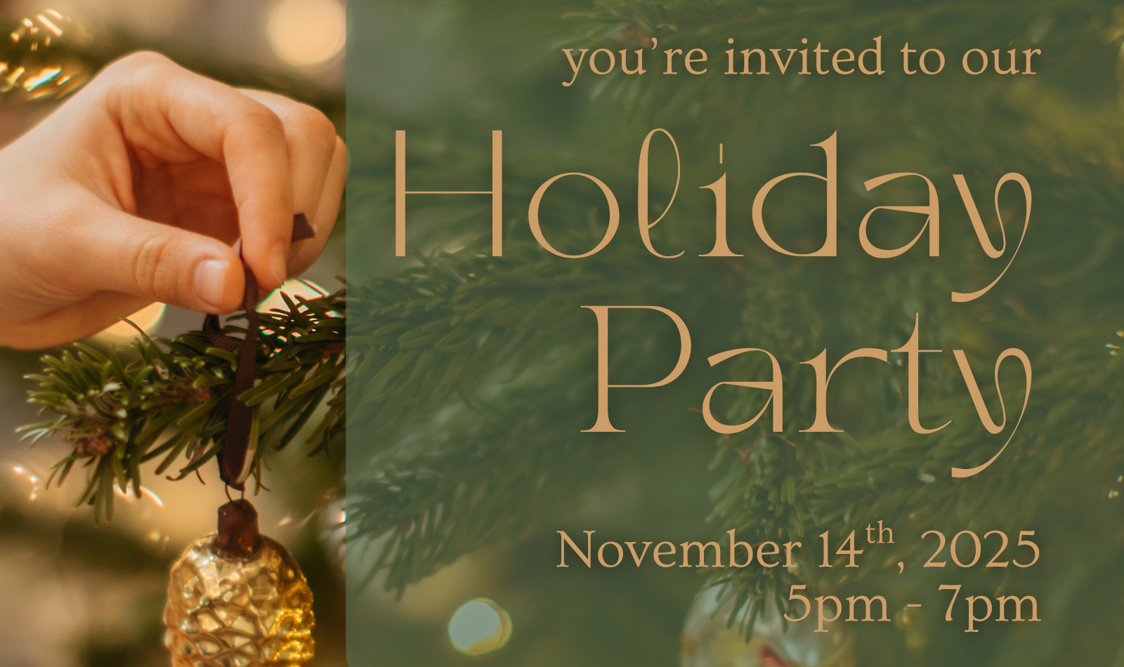 Invitation to a holiday party with a hand holding an ornament against a Christmas tree background.