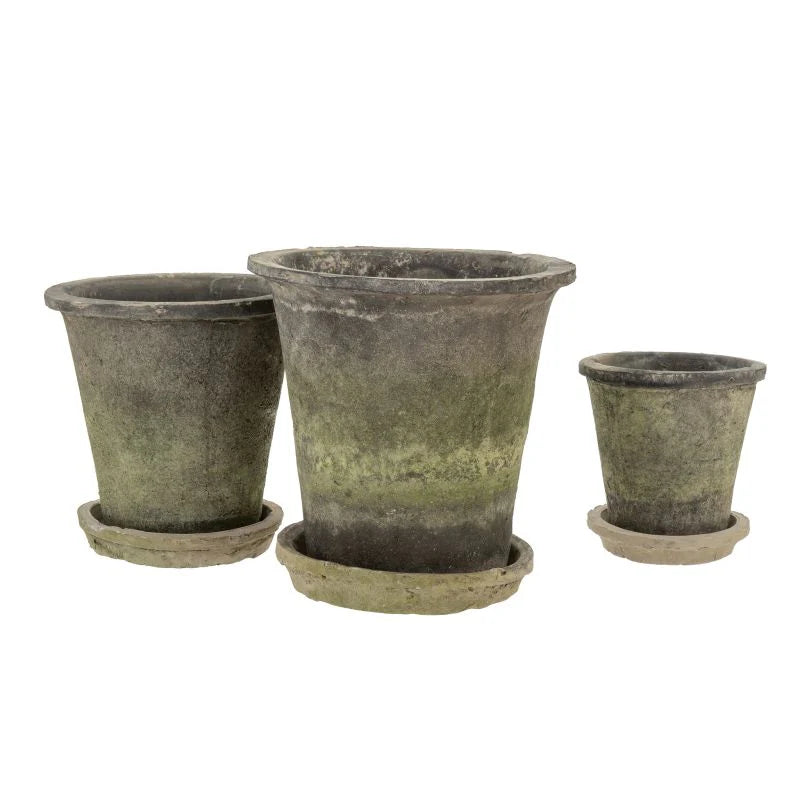 Set of three aged clay pots with saucers on a white background. Coordinating sizes are small, medium, large. 