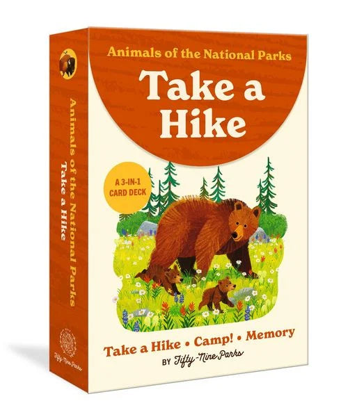 Card deck packaging titled 'Take a Hike' with bear illustration on a white background. Animals of the National Parks. 
