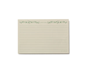 Back view of recipe card with green floral design and text on a white background. 