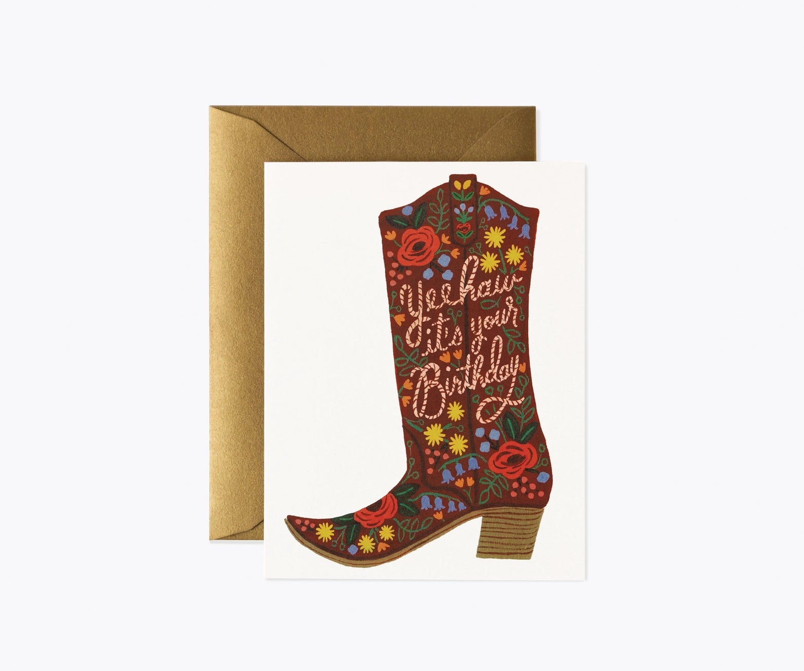 Card with a boot design and floral patterns, featuring text 'Yeehaw it's your birthday', with a brown envelope.