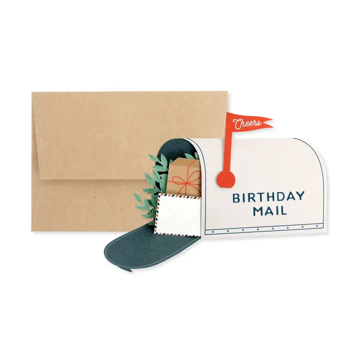 Pop up mailbox birthday card with surprise delivery of gifts and flowers inside. Brown kraft paper envelope pictured behind. 