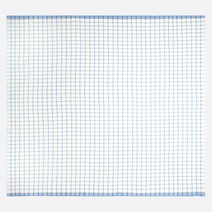 Light blue windowpane rectangular tablecloth displayed fully open. 
