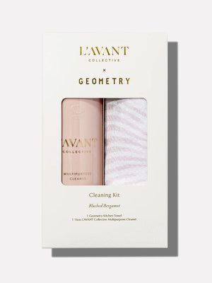 L'Avant Collective x Geometry cleaning kit  in Blushed Bergamot scent with bottle and towels on a white background