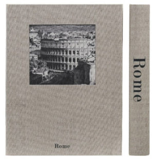 Book cover with a black and white photo of the Colosseum and the word 'Rome' on a textured beige background.