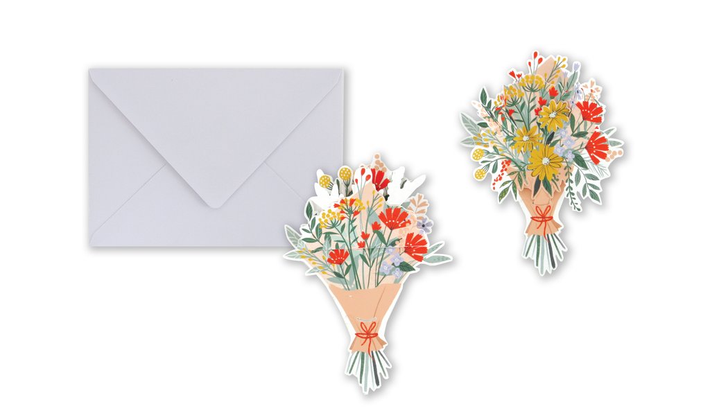 Pop up floral bouquet greeting card. White envelope included. 
