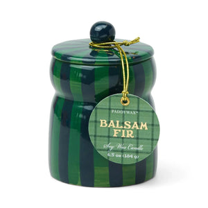 Paddywax Balsam Fir soy wax candle in a green and dark green striped ceramic jar with a matching lid, gold string, and round hanging tag on a white background.