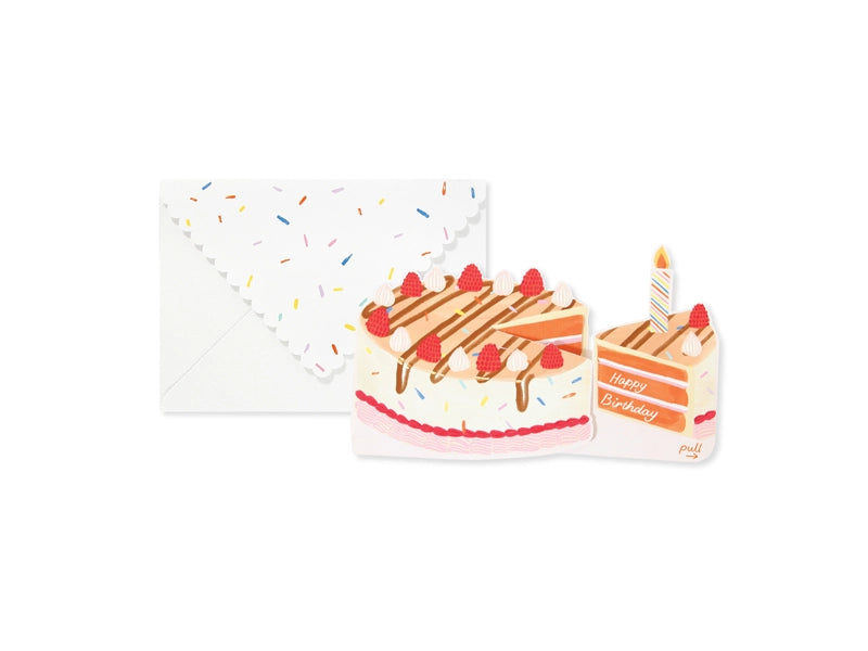 Confetti design card envelope and multi-colored birthday cake pop up birthday card. 