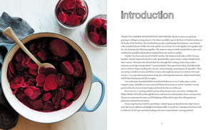 Introduction page from cookbook Canning in the Modern Kitchen. Pictured on left is a rustic blue pot of canned beets, on right printed text.  Rustic cooking. Modern canning. 