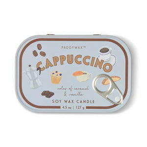 Paddywax Cappuccino soy wax candle in a silver metal tin with a pull tab lid, featuring coffee-themed illustrations and text on a white background.