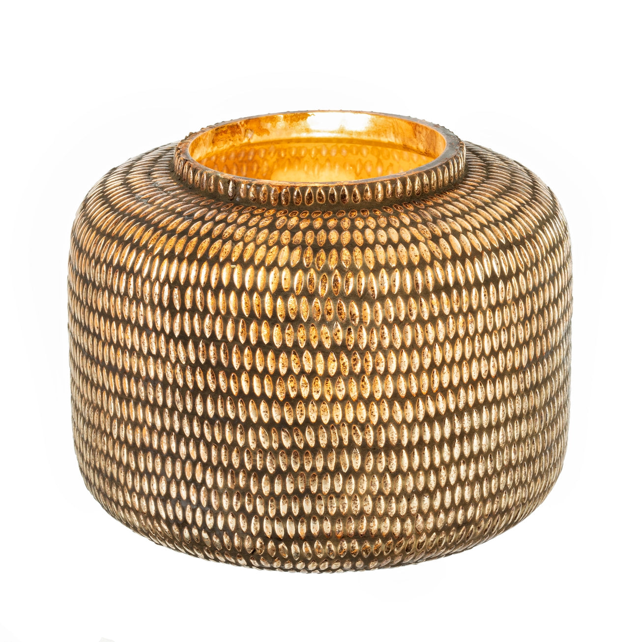 Gold metallic textured candle holder on a white background